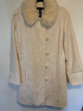 New York & Company Cream Brocade Pea Coat with Faux Fur Collar